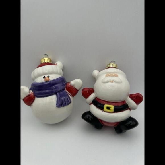 Set of 2 Ceramic Santa Snowman Christmas Ornaments - Picture 1 of 5